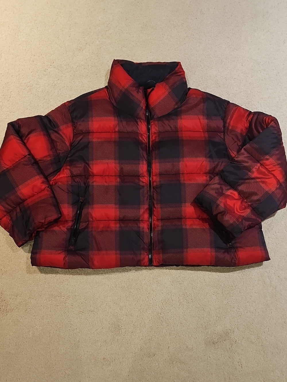 Old Navy Red and Black Plaid Puffer Jacket